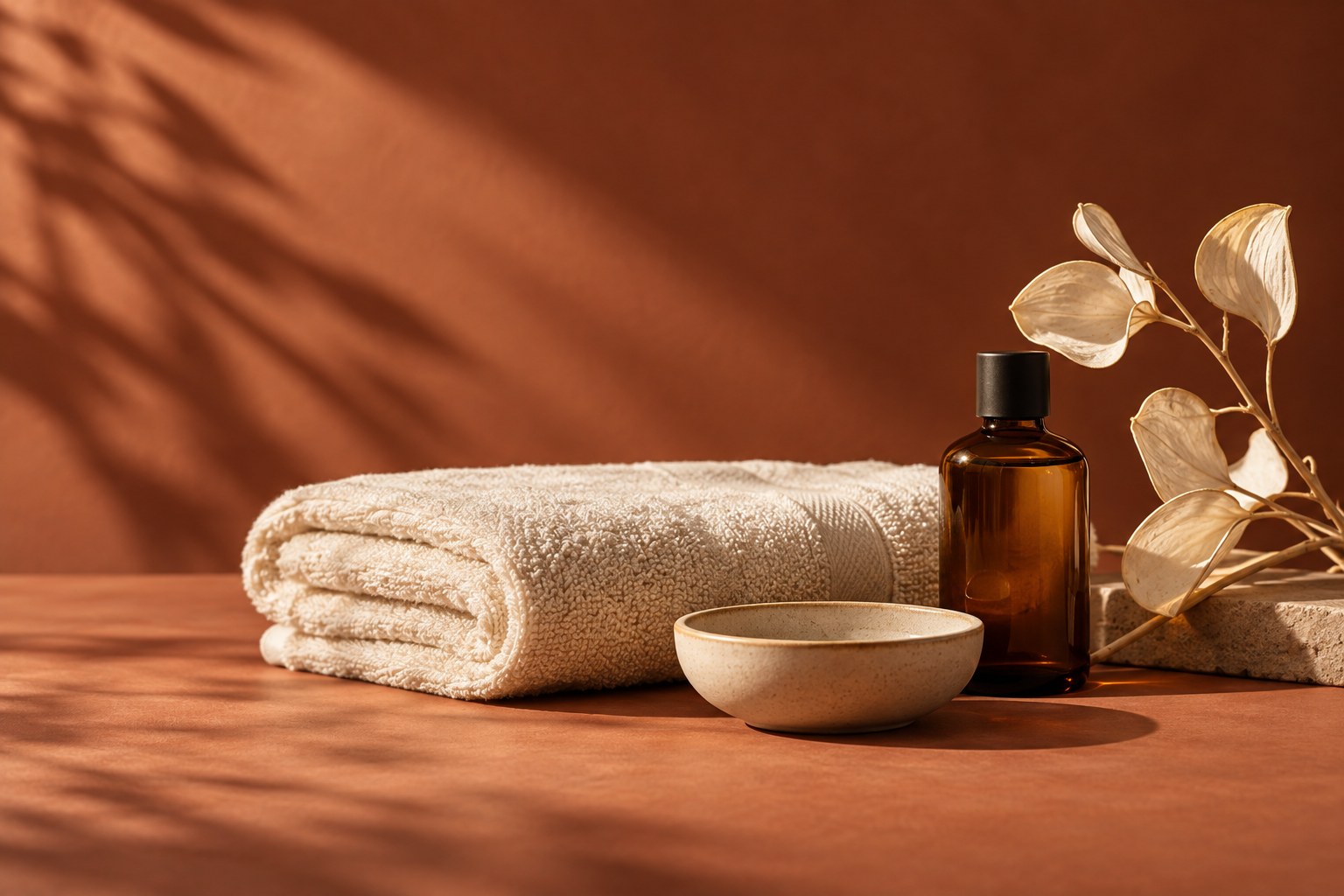 Illustrative spa still-life with folded towels, a bottle and botanical details